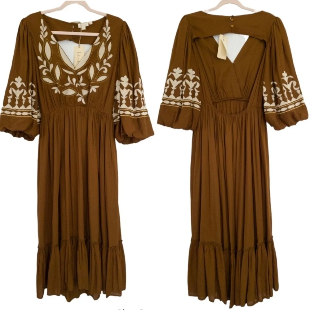 Anthropologie Boho Maxi Dress NWT Rich Brown Embroidered So Perfect & Stunning! - Picture 3 of 12